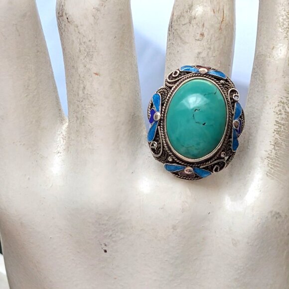 Amazon.com: LIOYSIUT 925 Sterling Silver Enamel Cloisonne  Vintage Chinese Export Sterling Silver 925 Blue Cloisonne Enamel Turquoise Ring
